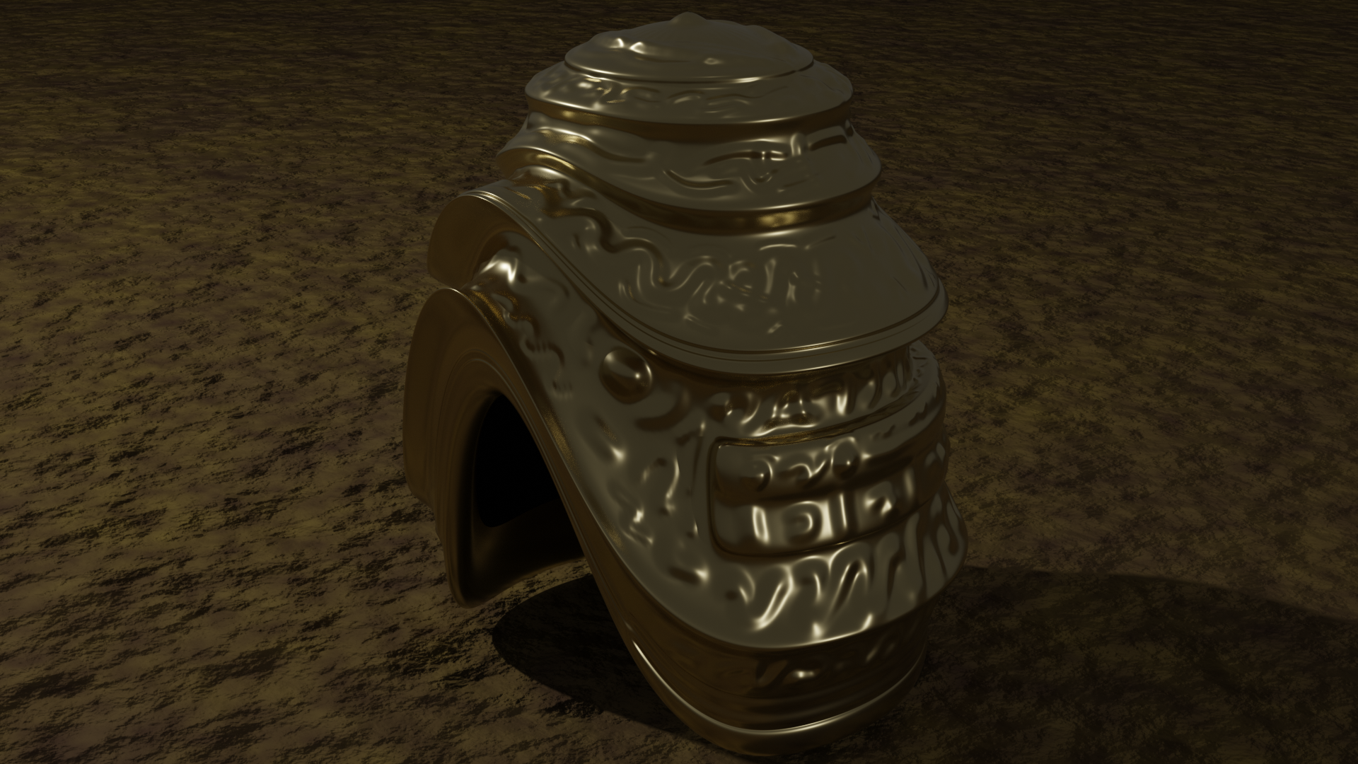 An ancient brass helmet floating above barren ground.
